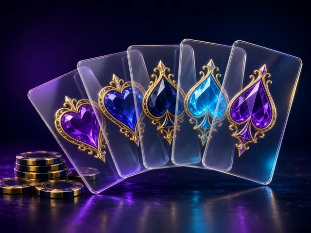 Fanned glass playing cards with jewelled suit symbols and chips