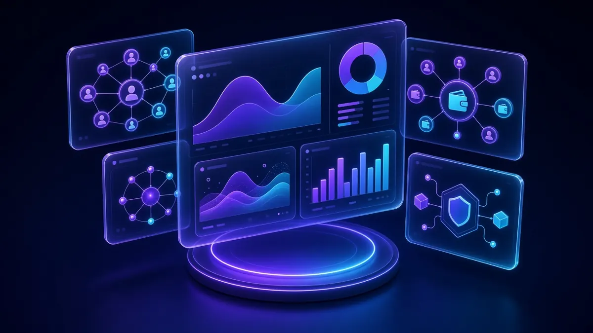 Holographic iGaming back-office dashboard with player, wallet and analytics panels