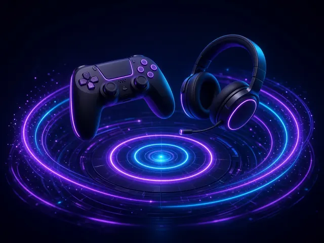 Gaming controller and headset over a neon esports arena
