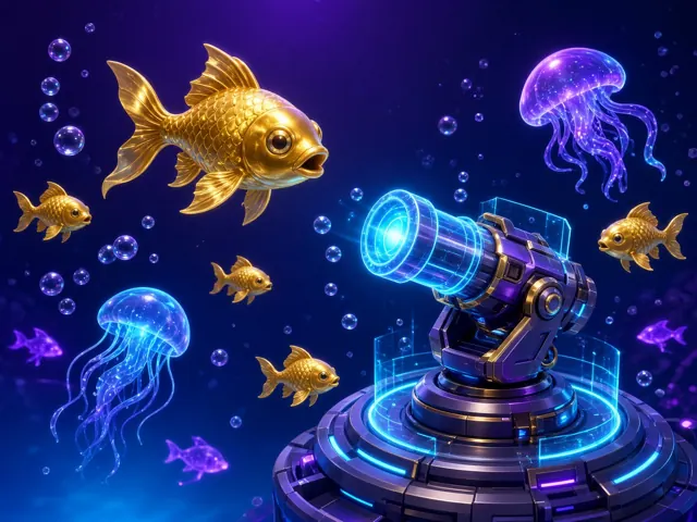 Golden fish and a holographic cannon in an underwater fishing game