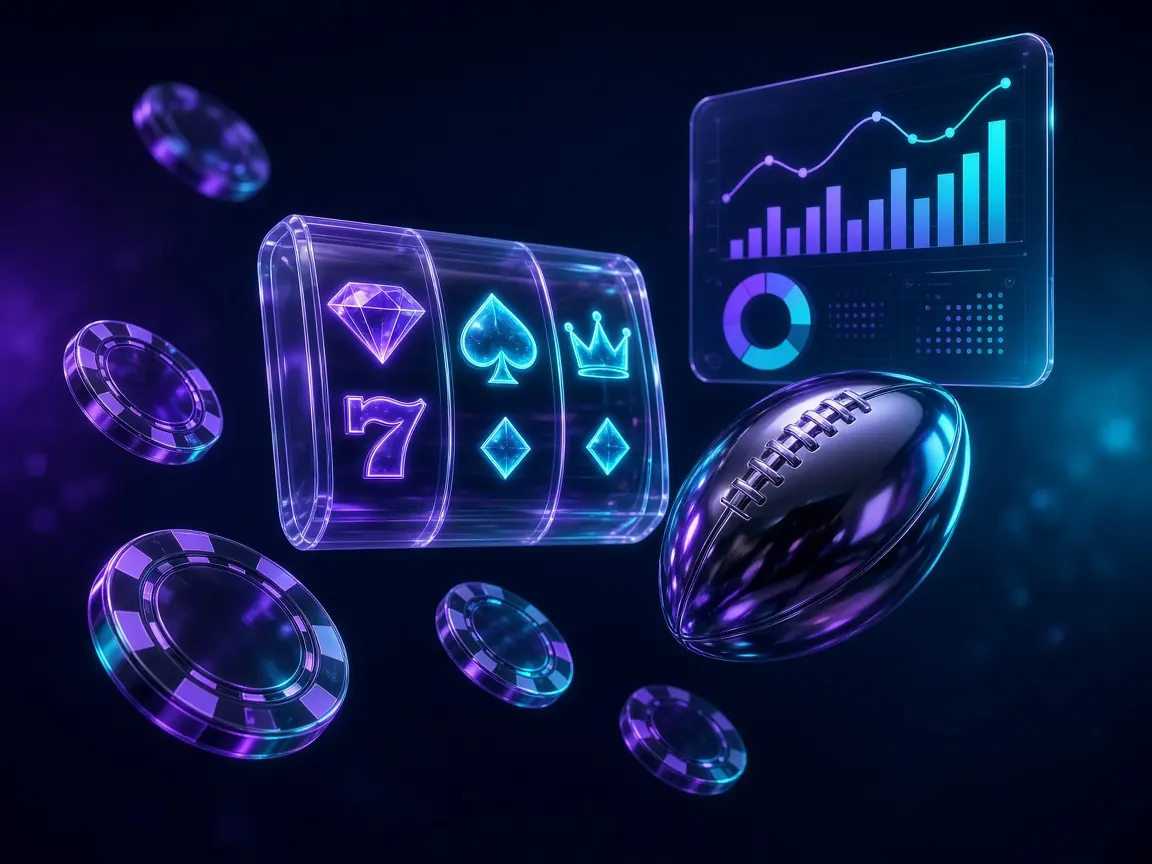 3D key visual of casino chips, a slot reel, a sports ball and a holographic analytics dashboard in purple-cyan light