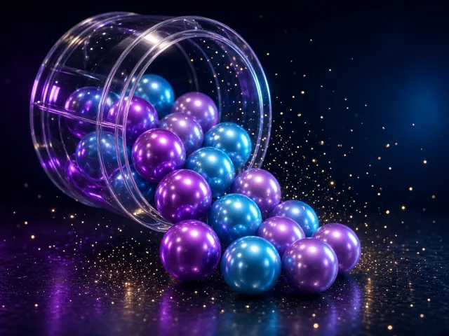 Lottery balls tumbling from a glass draw drum