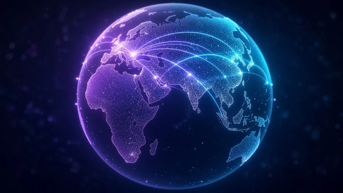 Glowing globe with network arcs linking Asia and Europe markets