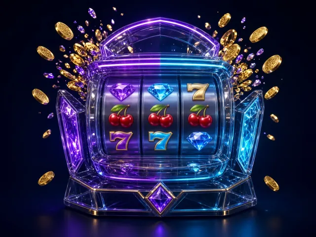 Glass slot machine with glowing reels and gold coins