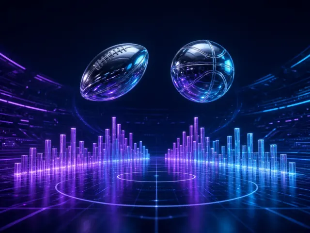 Sports balls above a holographic stadium for sportsbook betting